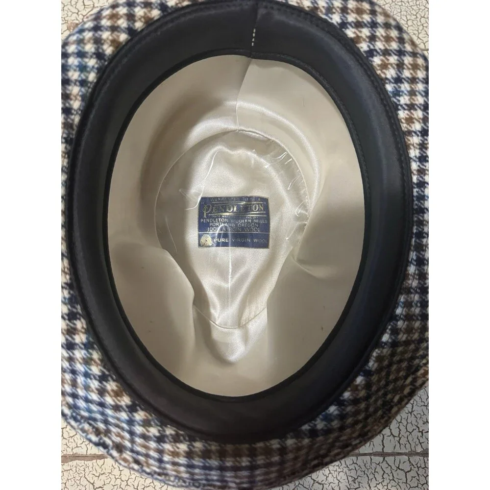 VTG Pendleton Wool Fedora With Feather Portland Oregon Plaid Brown Black Blue